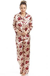 Camille Women’s Ladies Gold Satin Pajama Set With a Red Floral Print