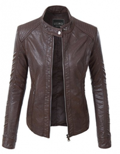 LE3NO Womens Faux Leather Zip Up Moto Biker Jacket with Pockets