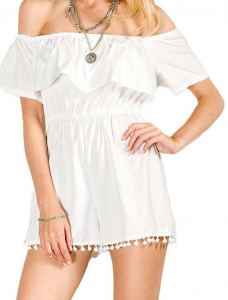 Persun Women's Off Shoulder Elastic Waist Pom Pom Romper Playsuit